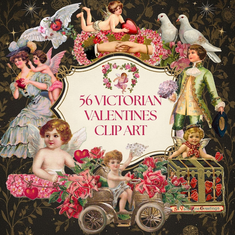 Victorian Valentines Clip Art Vintage Collage Kit – 56 PNG Romantic ...