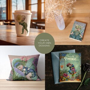 May include: A collection of items featuring whimsical illustrations: a white paper coffee cup, a small notebook, a square throw pillow with a sleeping figure, and a greeting card with the text Not old, VINTAGE, depicting a person gardening.