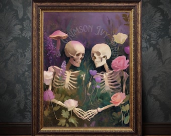 Lámina artística "Amantes Esqueletos": Pareja Floral Gótica (Descarga digital)