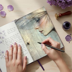 May include: A journal with a fairy-themed illustration. The image shows a person writing in the journal with a black pen. The journal's cover features a woman's face with a fairy wing design. Purple flowers, ink, and a wax seal are also visible.