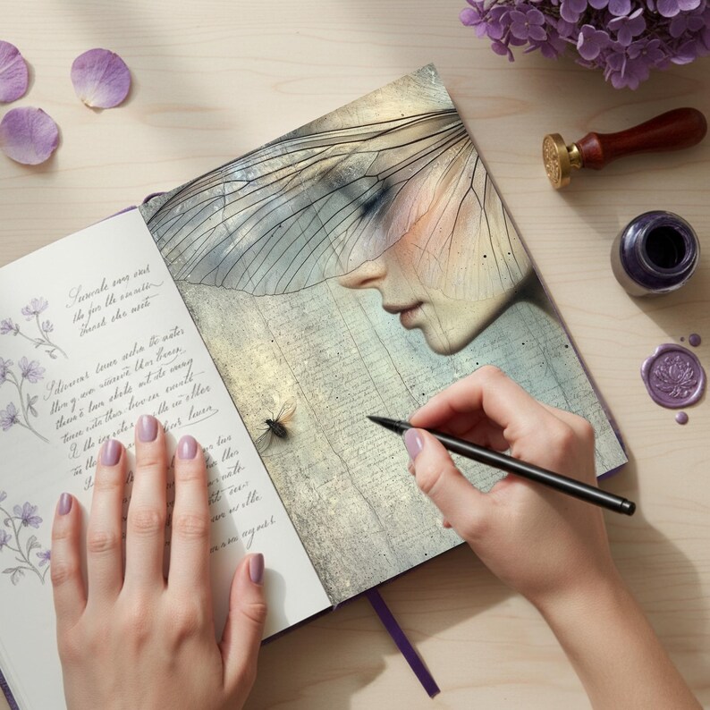 May include: A journal with a fairy-themed illustration. The image shows a person writing in the journal with a black pen. The journal's cover features a woman's face with a fairy wing design. Purple flowers, ink, and a wax seal are also visible.