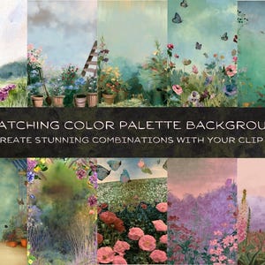 May include: A collection of ten digital backgrounds featuring watercolour-style garden scenes with flowers, butterflies, and potted plants. The text 10 MATCHING COLOR PALETTE BACKGROUNDS TO CREATE STUNNING COMBINATIONS WITH YOUR CLIP ART is centred.
