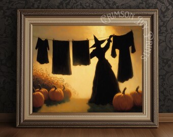 Impression d'art sorcière faisant la lessive : décoration d'Halloween sombre et effrayante dans le milieu universitaire (téléchargement numérique)