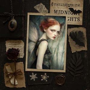 May include: A collage featuring a framed portrait of a woman with red hair and fairy wings. Surrounding the portrait are decorative elements like a dried rose, a pendant, and paper cutouts of snowflakes, a bat, and a leaf. The words "MIDNIGHT NIGHTS" are visible.