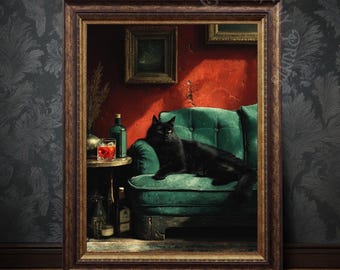黒猫のウォールアート – ムーディーなバーカート装飾プリントカクテルポスター（デジタルダウンロード）