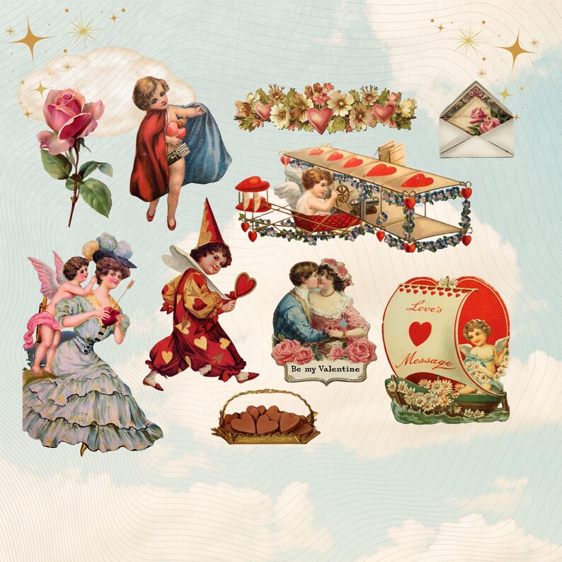 Victorian Valentines Clip Art Vintage Collage Kit – 56 PNG Romantic ...