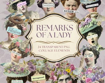 Imágenes prediseñadas de mujeres vintage, pegatinas con frases divertidas, kit de diario creativo victoriano en formato PNG (descarga digital)
