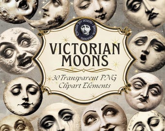 Clipart de caras lunares victorianas vintage, collage celestial surrealista PNG (descarga digital)