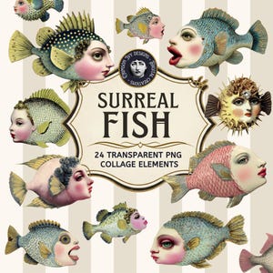 Vintage Surreal Fish Clipart, Weird Human Face Animal, Victorian Collage Element PNG (Digital Download)