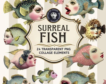 Clipart de pez surrealista vintage, animal con rostro humano extraño, elemento de collage victoriano PNG (descarga digital)