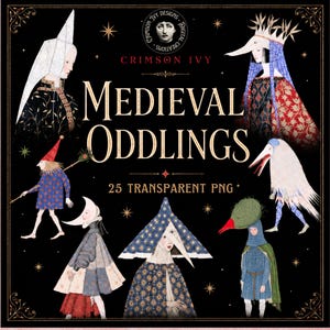 Puede incluir: Una colección digital titulada Medieval Oddlings de Crimson Ivy Designs que incluye 25 archivos PNG transparentes. La imagen muestra siete figuras ilustradas con vestimenta histórica, incluyendo sombreros puntiagudos, túnicas estampadas y máscaras.