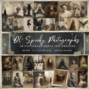 Puede incluir: Un collage de 40 fotografías victorianas en tonos sepia con temas espeluznantes. Las imágenes incluyen figuras con alas oscuras, figuras con cuernos e individuos con vestimenta vintage. El texto dice "Ol' Spooky Photographs" y "40 Victorian Sepia JPG Designs."