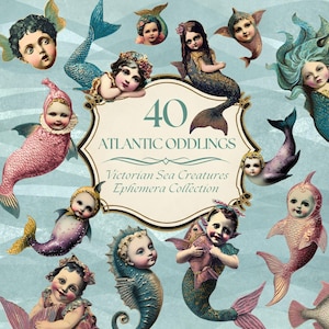 May include: A collection of vintage-style illustrations featuring cherubic faces with mermaid tails and sea creature bodies. The image includes the text "40 Atlantic Oddlings Victorian Sea Creatures Ephemera Collection."