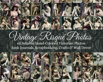 May include: A collage of 60 hand-colored Victorian photos. The images feature women in various poses, with a vintage aesthetic. Text on the image reads "Vintage Risqué Photos" and "Junk Journals, Scrapbooking, Crafts & Wall Decor."