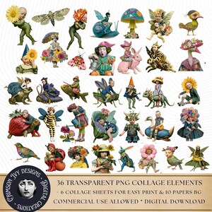 May include: A digital collection of 36 transparent PNG collage elements featuring whimsical characters, insects, animals, and floral motifs. The set includes 6 collage sheets and 10 background papers, labelled Crimson Ivy Designs for digital download.