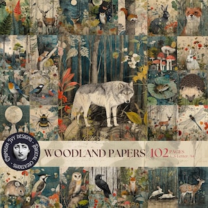 Peut inclure: Un collage de papiers sur le thème de la forêt, avec des illustrations d'animaux, de plantes et d'arbres de la forêt. Les papiers ont une esthétique vintage avec une variété d'animaux, dont un loup, des cerfs, des oiseaux et des lapins. Le texte "WOODLAND PAPERS" et "102 PAGES" est visible.