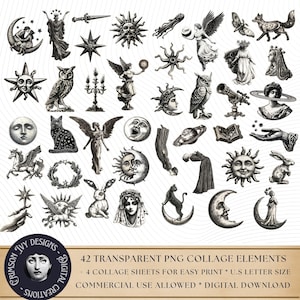 Op de afbeelding: Een verzameling van 42 zwart-wit digitale collage-elementen met hemelse, mythologische en occulte illustraties, waaronder zonnen, manen, engelen, uilen, katten en sterren, met de tekst 42 TRANSPARENT PNG COLLAGE ELEMENTS.