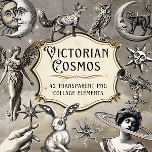 Vintage Celestial Clipart, Wiktoriańskie Elementy Kolażu PNG, Ephemera Dziennika Astrologicznego Whimsigoth (Pobieranie Cyfrowe)