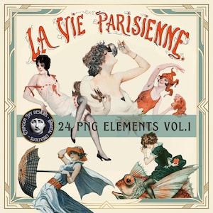 Pakiet clipartów La Vie Parisienne, 24 Vintage PNG, efemerydy dziennika śmieci (cyfrowe pobieranie)