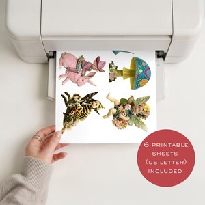 May include: A white sheet of paper featuring four distinct illustrations: a figure riding a pink rabbit, a blue and yellow spotted mushroom, a figure in a yellow and black striped outfit riding a rabbit, and a winged figure adorned with flowers.