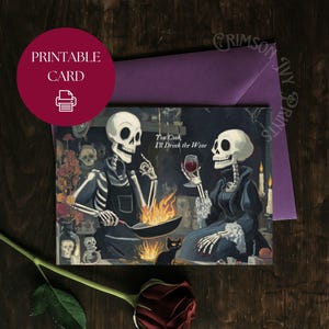 Squelette amoureux cuisine carte postale Dark Academia carte de voeux imprimable art gothique romantique Saint Valentin carte cadeau pour femme ou mari