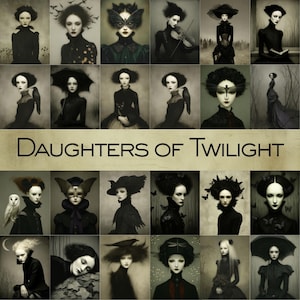 May include: A series of portraits of women in dark clothing and ornate headwear, with a vintage aesthetic and muted colours. The text "Daughters of Twilight" is displayed. The portraits feature gothic and fantasy elements, creating a mysterious and artistic collection.