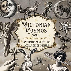 Op de afbeelding: Een digitaal collageblad getiteld Victorian Cosmos Vol. 1 met 42 transparante PNG-elementen. De illustraties bevatten een zon en maan, een vos, een uil, een kat op een maansikkel, een engel, een telescoop, een konijn en een persoon met Saturnusringen.