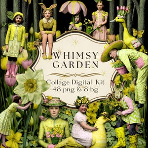Puede incluir: Kit de collage digital "Whimsy Garden" con ilustraciones caprichosas de niños, animales y flores. La obra de arte tiene una estética vintage con una paleta de colores amarillo, verde y rosa. El kit incluye 48 PNG y 8 imágenes de fondo.
