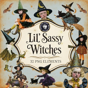 Puede incluir: Una colección gráfica digital titulada Lil' Sassy Witches que contiene 32 elementos PNG. El diseño muestra varias ilustraciones de niños vestidos de brujas con trajes coloridos, sombreros puntiagudos y escobas, acompañados de gatos negros y murciélagos.