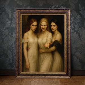 May include: A framed print featuring a classical painting of three women in flowing white gowns. The women have red, blonde, and dark hair. The frame is a dark brown with ornate detailing. The background is a dark, patterned wallpaper.