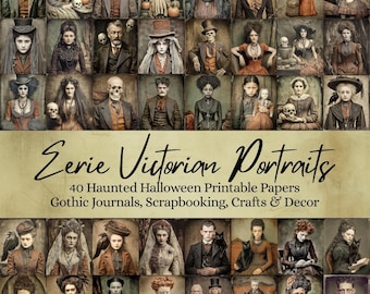 Può includere: Un collage di 40 ritratti vittoriani a tema spettrale. L'immagine include il testo "Eerie Victorian Portraits" e "40 Haunted Halloween Printable Papers, Gothic Journals, Scrapbooking, Crafts & Decor."