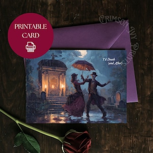 Postal de esqueletos bailando de Dark Academia, tarjeta de felicitación imprimible, arte gótico, tarjeta romántica para el día de San Valentín, regalo para esposa o esposo