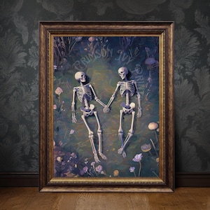 Romantisches Skelett Art Print – Liebende auf der Wiese Digital Download, Dark Academia Gothic Wandkunst, Gruseliges Paar Poster, Geschenk für Liebhaber