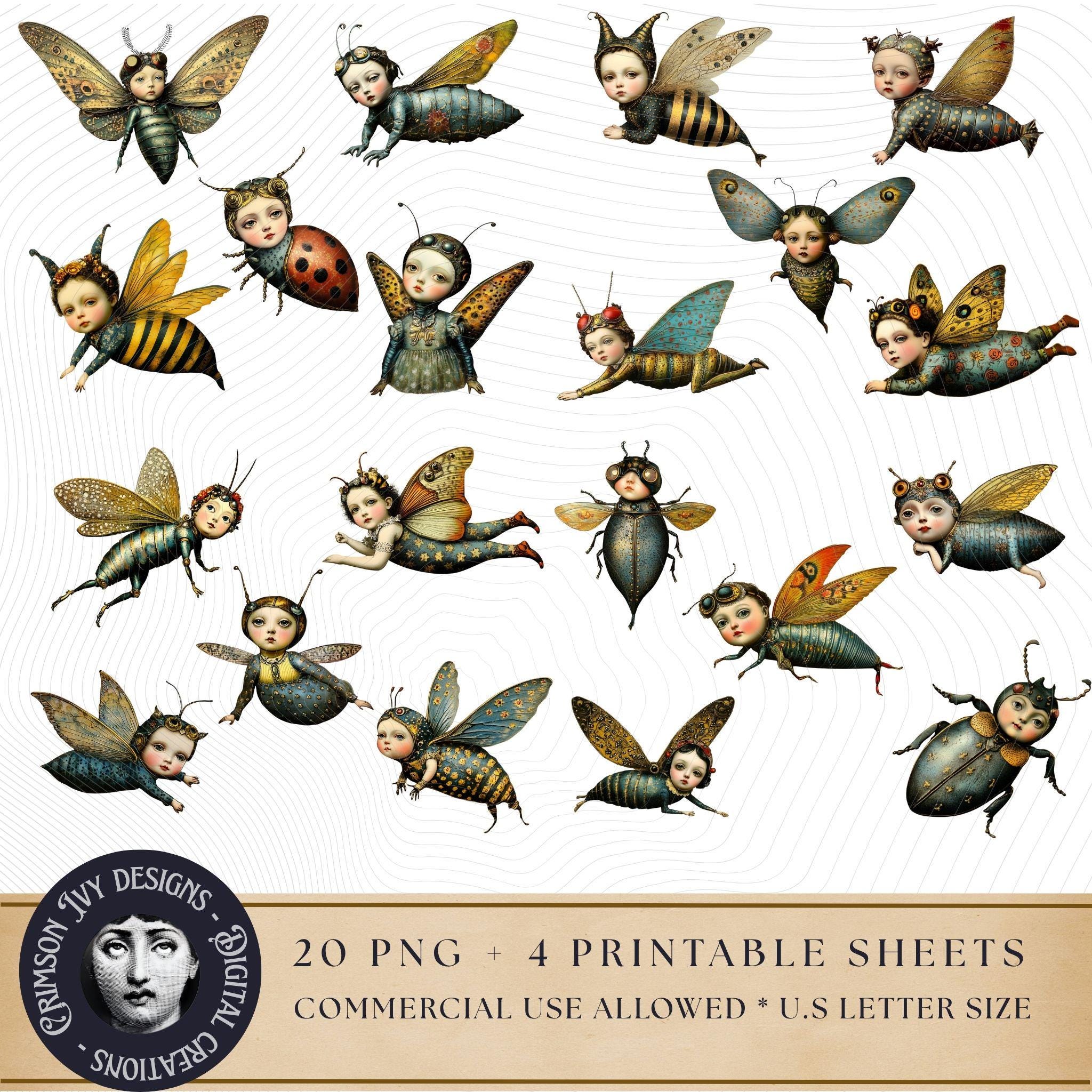 Vintage Insect Kids Clipart, Surreal Fairy Baby PNG, Steampunk Bug ...