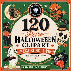 Può includere: Una grafica digitale con il testo 120 Retro HALLOWEEEN CLIPART MEGA BUNDLE PNG HIGH RESOLUTION 300 DPI CRIMSON IVY DESIGNS. Il design include illustrazioni di un pipistrello, luna, diavolo, gatto nero, teschio e fantasma su sfondo verde.