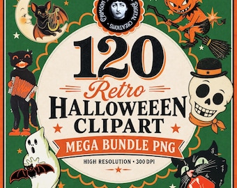 May include: A digital graphic featuring the text 120 Retro HALLOWEEEN CLIPART MEGA BUNDLE PNG HIGH RESOLUTION 300 DPI CRIMSON IVY DESIGNS. The design includes illustrations of a bat, moon, devil, black cat, skull, and ghost on a green background.