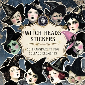 Könnte beinhalten: Eine Collage von Aufklebern mit Hexenköpfen im Vintage-Stil. Die Aufkleber zeigen Illustrationen von Frauen mit verschiedenen Gesichtsausdrücken, die Hexenhüte tragen. Der Text auf dem Bild lautet "Witch Heads Stickers" und "30 Transparent PNG Collage Elements."