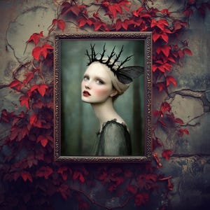May include: A framed portrait of a woman with pale skin, red lips, and a black crown with a butterfly wing. The portrait is surrounded by red leaves and a textured gray wall. The woman is wearing a dark gray dress.