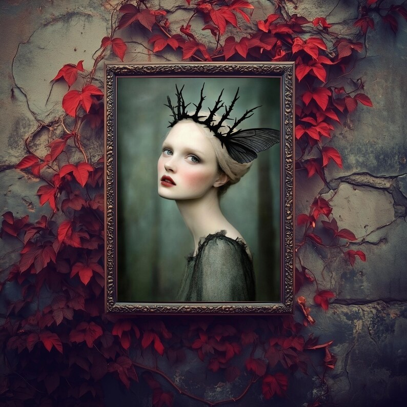 May include: A framed portrait of a woman with pale skin, red lips, and a black crown with a butterfly wing. The portrait is surrounded by red leaves and a textured gray wall. The woman is wearing a dark gray dress.