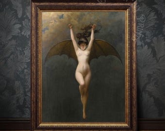 Vintage vleermuis-vrouw kunstafdruk: gotisch occult decor (digitale download)