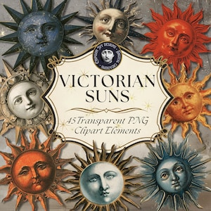 May include: A digital collection of sun illustrations featuring human faces in various colors including blue, orange, yellow, and grey. The central text reads VICTORIAN SUNS 45 Transparent PNG Clipart Elements with a small circular logo above.