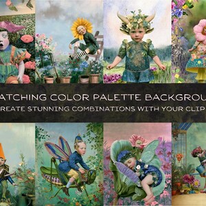 May include: A collection of ten digital art backgrounds featuring whimsical characters in garden settings with vibrant floral and nature motifs. The text 10 MATCHING COLOR PALETTE BACKGROUNDS TO CREATE STUNNING COMBINATIONS WITH YOUR CLIP ART is centred.