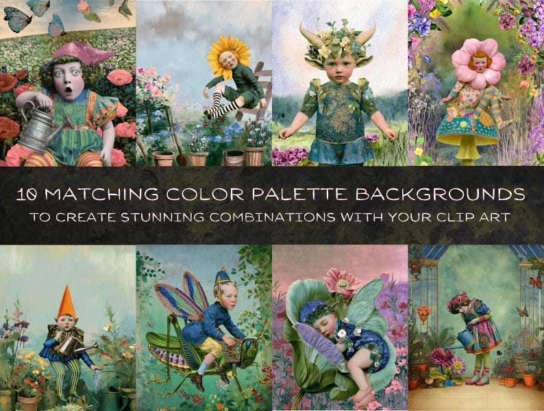 May include: A collection of ten digital art backgrounds featuring whimsical characters in garden settings with vibrant floral and nature motifs. The text 10 MATCHING COLOR PALETTE BACKGROUNDS TO CREATE STUNNING COMBINATIONS WITH YOUR CLIP ART is centred.