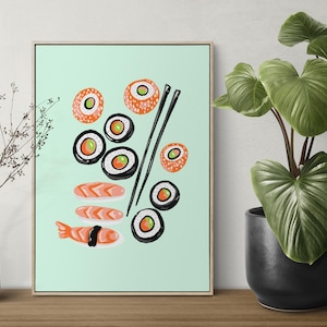 Bright and Cheerful Sushi Digital Art Print | Japanese Food Wall Art | Kitchen or Dining Room Printable | Spring & Summer Illustration