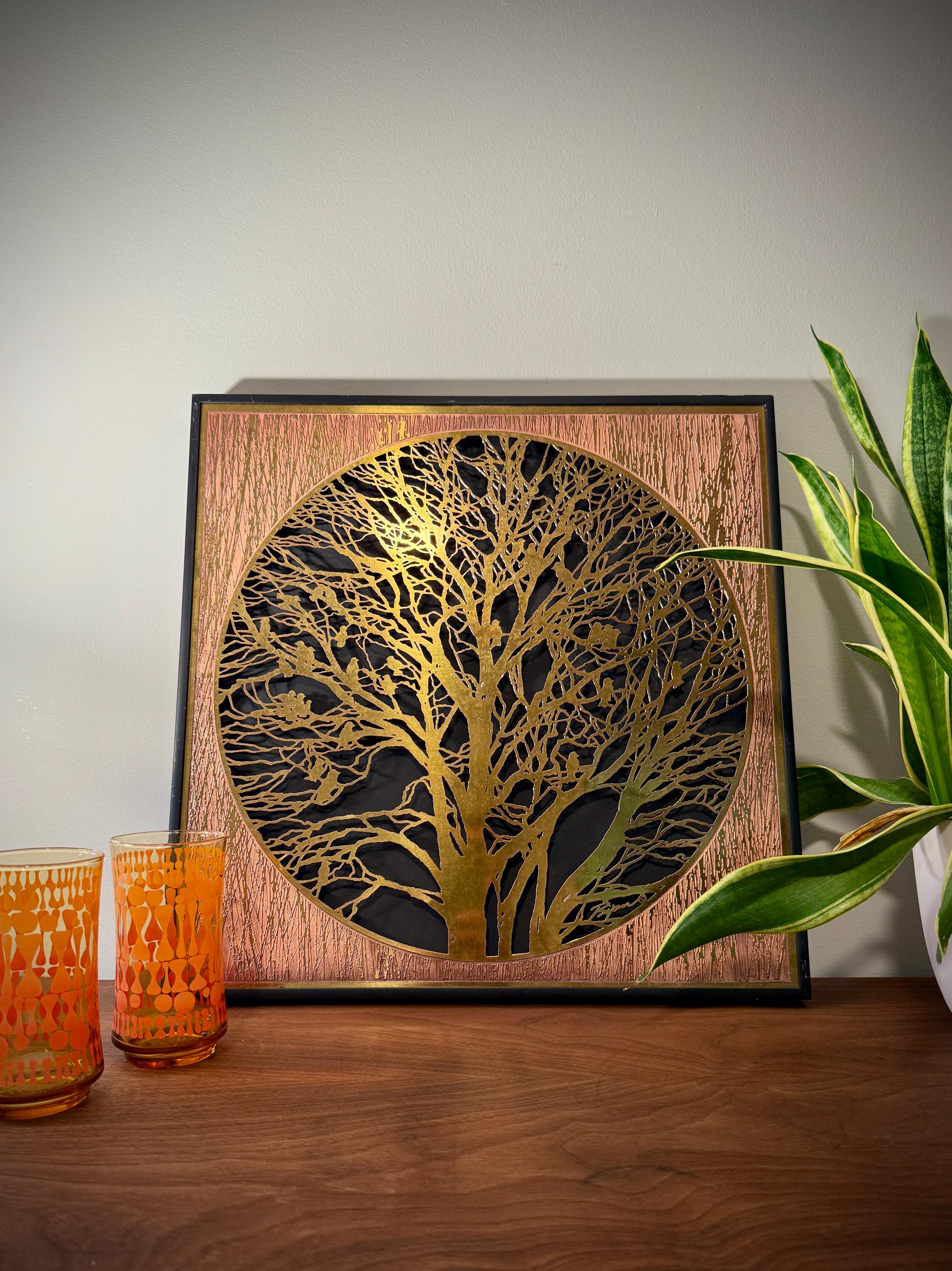 Signed Bijan Brass Tree Sculpture: Mid-century Modern Copper Wall