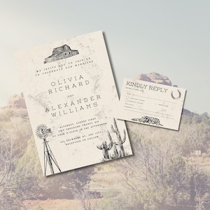 Invitation de mariage rustique occidental vintage & modèles de cartes RSVP, canva modifiable, désert, Arizona, cow-boy, cactus, montagnes, sud-ouest