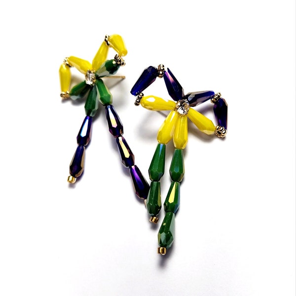 2PCS, EPG-952,55mm Glass Bow  Stud Earring Mardi Gras- 14 colors