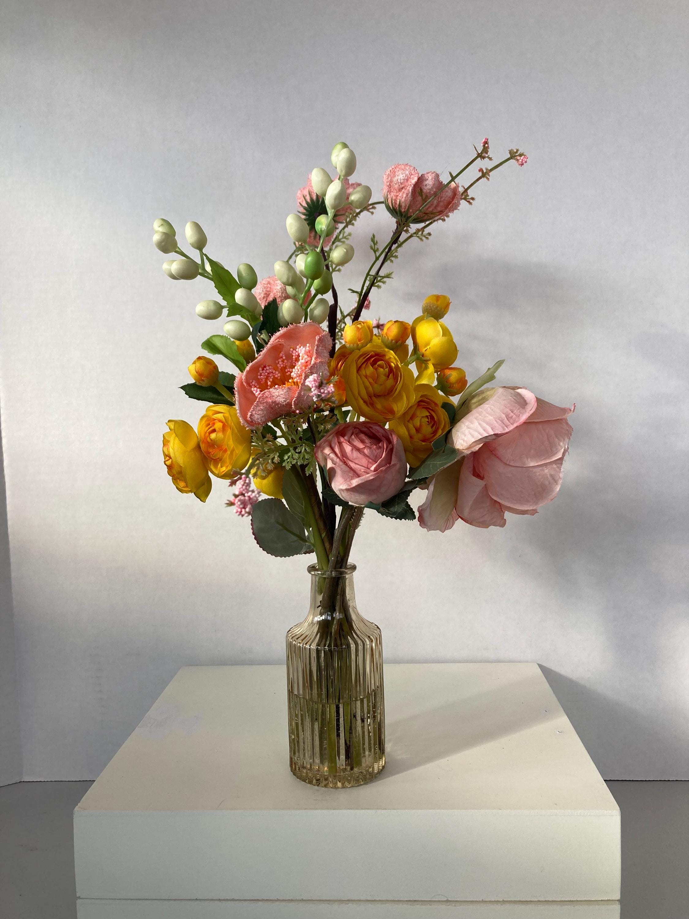 Pink Charm Peonies Yellow Ranunculus Amber Vase