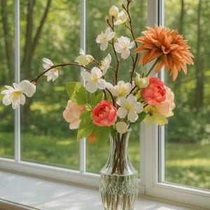May include: A clear glass vase filled with a vibrant floral arrangement. The bouquet features orange dahlias, white blossoms, and pink and peach roses, with green leaves. The vase sits on a windowsill with a blurred green background.