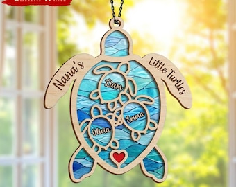 Atrapasueños personalizado de madera acrílica con temática de tortugas marinas, regalo personalizado para la abuela, decoración costera para la ventana de la abuela.